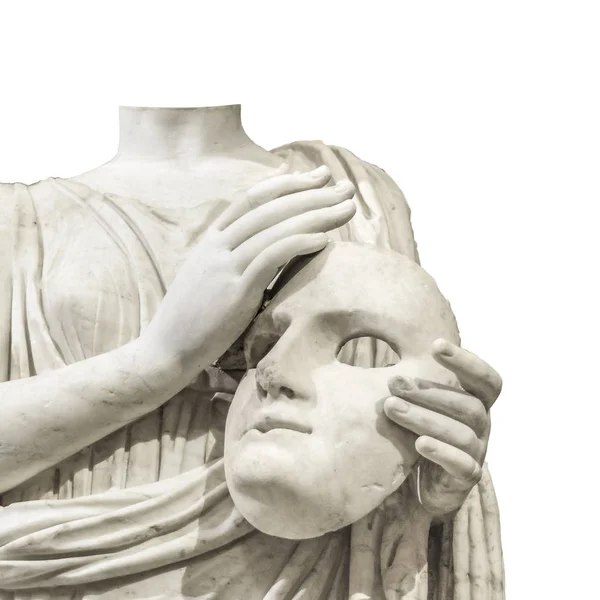 Безголовая скульптура, держащая маску — стоковое фото