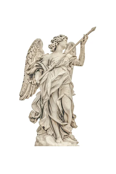 Anioł z włócznią rzeźby na białym tle Zdjęcie — Zdjęcie stockowe