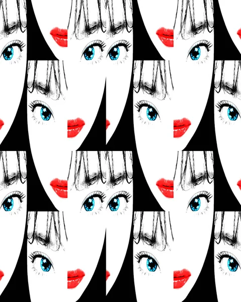 Dibujos animados estilo asiático mujer retrato collage patrón — Foto de Stock