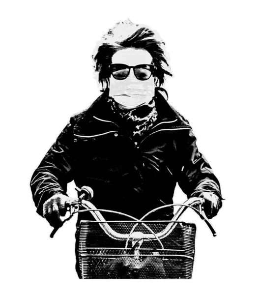 Stencil Style Man with Glasses Riding Bicycle Isolated Graphic — стоковое фото