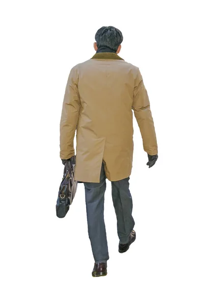 Άντρας με παλτό και βαλίτσα με τα πόδια απομονωμένη φωτογραφία — Φωτογραφία Αρχείου