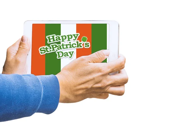 Mano Persona Sosteniendo Una Tableta Con Diseño Santo Patricks Pantalla — Foto de Stock