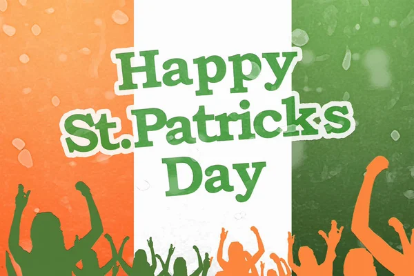 アイルランドの国旗をモチーフにした幸せな聖パトリックのテキストを祝う人々のシルエット背景 — ストック写真