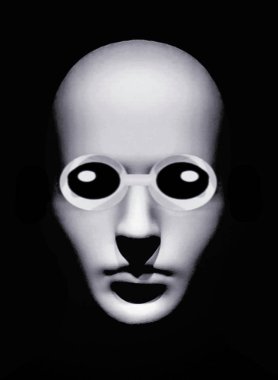 Asgari siyah stil, yüksek kontrast, korkutucu adam portresi, siyah beyaz renkler.