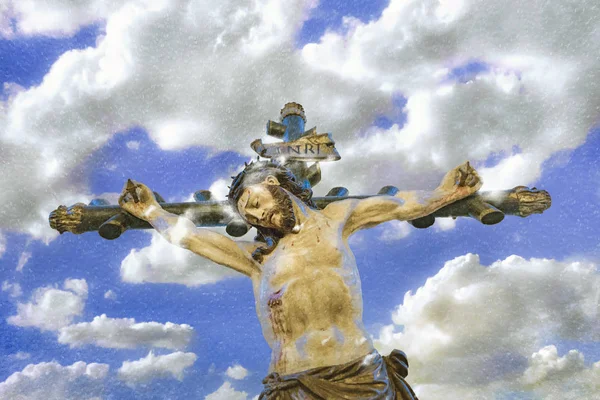 曇り空を背景に十字架上のイエスを描いたキリスト教の宗教的コンセプトアートワーク — ストック写真