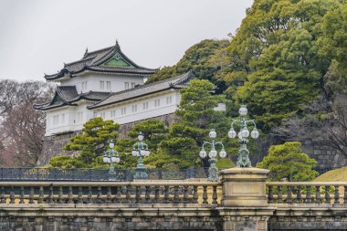 TOKYO, JAPONYAN, JANUARY - 2019 - Japonya 'nın Tokyo şehrindeki Chiyoda bölgesinde bulunan İmparatorluk Sarayı iç bahçe manzarası