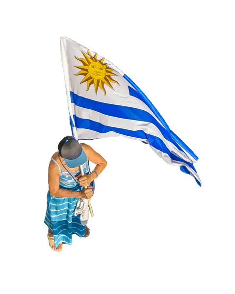 Isolado Foto Vista Superior Mulher Adulta Segurando Bandeira Uruguaia — Fotografia de Stock