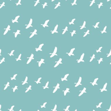 Dönüşümsüz desenli siluet kuşlar kolaj motif tasarımını cyan ve beyaz renklerle
