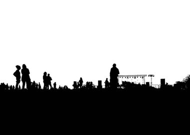 Beyaz arkaplan üzerinde duran bir grup insanın panoramik izole grafik silueti