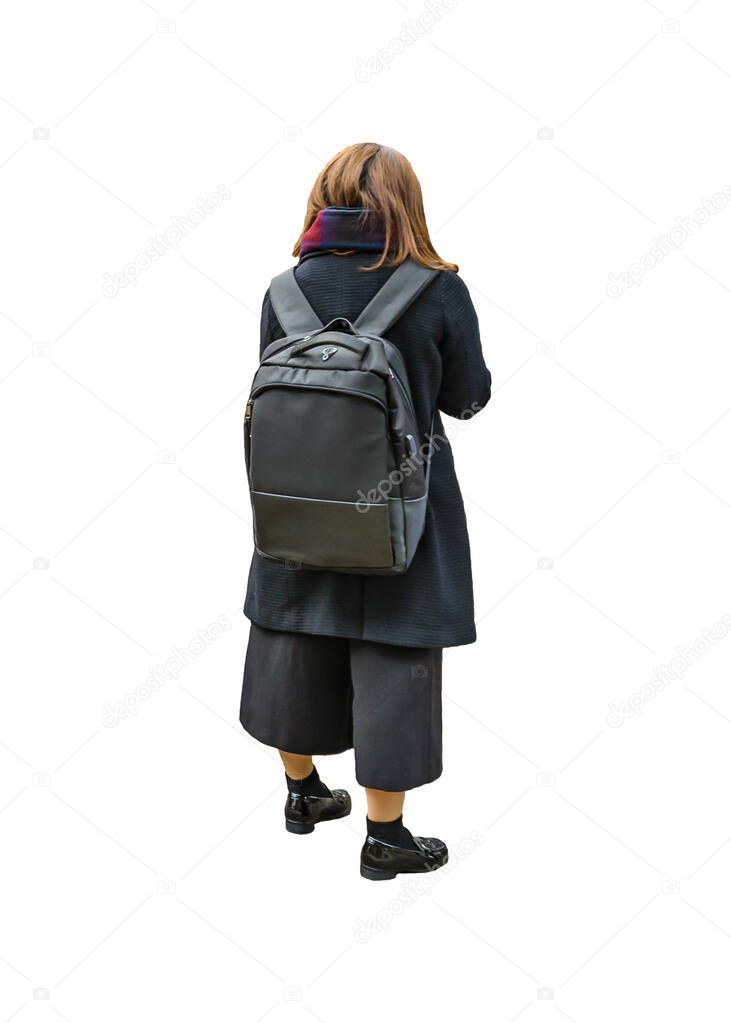 Isolated back view photo of young woman with winter clothes