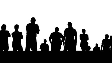 Beyaz arkaplan üzerinde bir grup insanın panoramik izole grafik silueti
