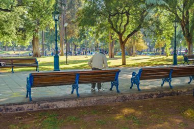 MENDOZA, ARGENTINA, APRIL - 2019 - Carlos Pellegrini Meydanı 'nda güneşli bir sonbahar günü manzarası, mendoza başkenti, Arjantin