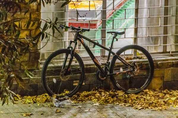 Miejska Scowość Noc Scena Sport Bicylce Zaparkowany Chodniku — Zdjęcie stockowe