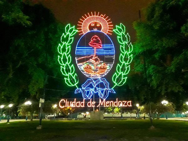 Urban Park Night Scene Big Argentinian National Shield Sculpture Independence — Stock Photo, Image