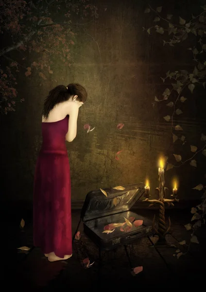 キャンドルの光の中で悲しい少女。壊れた夢 — ストック写真