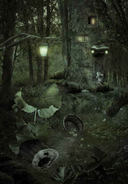 A fairy-tale house in a tree lit by light from a flashlight in the night forest and a mouse sitting in front of the door