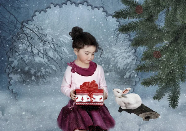 Mała Dziewczynka Prezentem Rękach Patrzy Królika Zimowym Lesie Świąteczna Opowieść — Zdjęcie stockowe