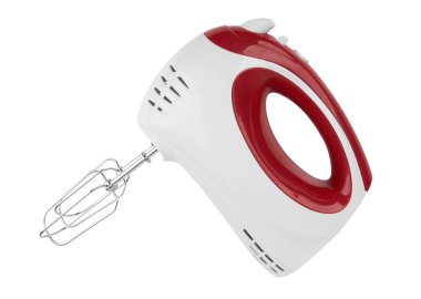 Elektrik el karıştırıcısı ve bulaşık takımı beyaz bir arkaplanda izole edilmiş.