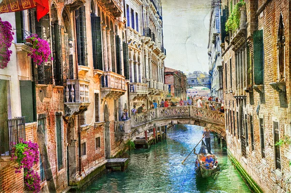 浪漫的威尼斯的运河和吊船。在绘画风格的艺术品 — 图库照片