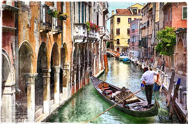 Romantic canals of beautiful Venice, artwork in paintig style — Stock Photo, Image