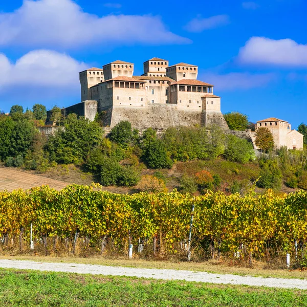 Wijngaarden en beauiful middeleeuwse kasteel van Torrechiara, Italië — Stockfoto