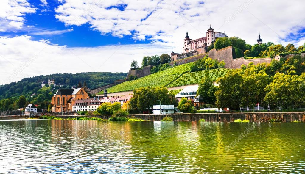 Beautiful towns of Germany, Wurzburg, view with vineyrds and castle.