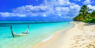 Tropikal dışarı - turkuaz su hamakta tüyler ürpertici. Mauritius Adası
