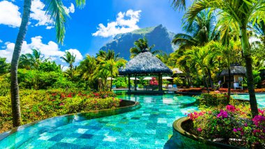 Tropikal tatil - havuz bar rahatlatıcı. Mauritius Adası
