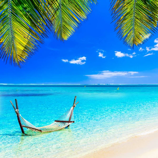 热带放松-吊床上碧绿的海水中. — 图库照片