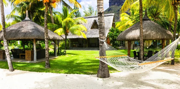 Relaxing tropical holidays with hammock under palm tree. Mauritius island. — Stock Photo, Image