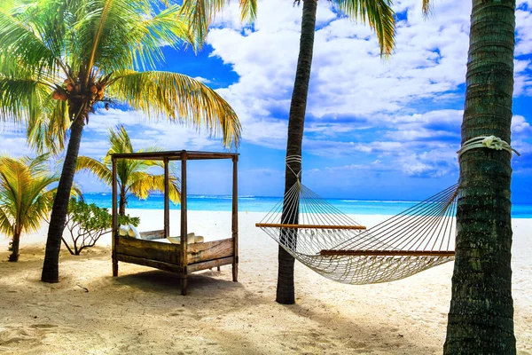 Relaksujący tropikalny wakacje z hamak pod palmą. Wyspa Mauritius. — Zdjęcie stockowe