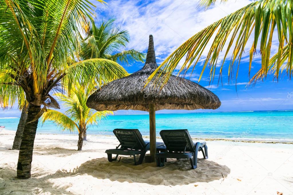 tropical relaxing vacation. white sandy beaches of Mauritius island.