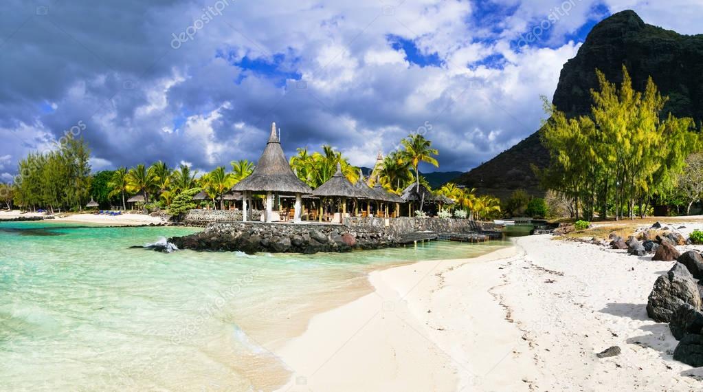 Tropical relaxing scenery - cosy small beach bar. Mauritius island.