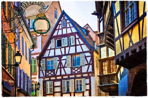 알자스 지역-Strasburg 타운의 다채로운 전통 주택. 프랑스. — 스톡 사진
