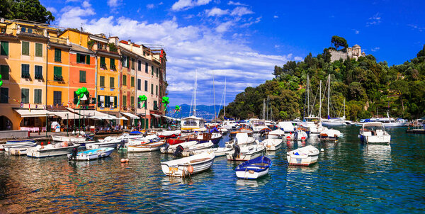 Panoramoic view of houses and fishing boat,Portofino,Liguria,Italy.