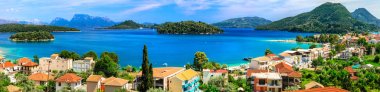 Panoramik Nidri bay, güzel Lefkada, Yunanistan