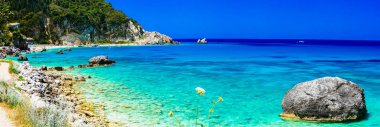 Turkuaz güzel plajları, Lefkada Adası, Agios Ioannis, Yunanistan.