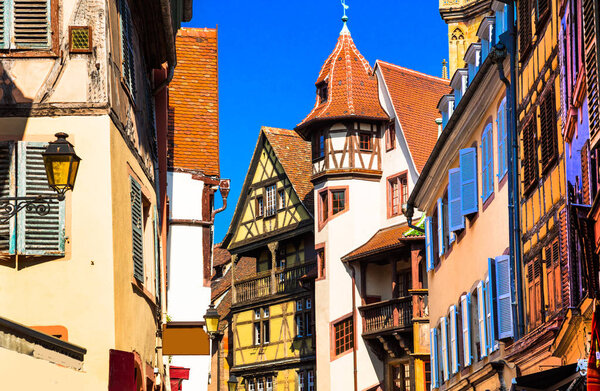 Impressive Kayserberg village,view with traditional multicolored Houses,Alsace,France.