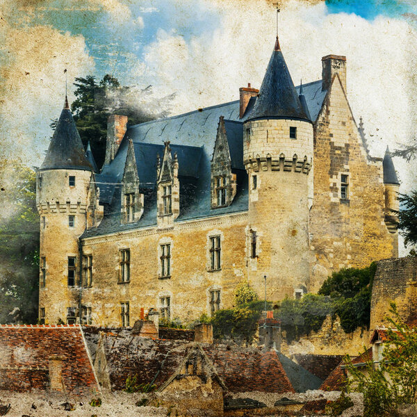 Medieval castle Montresor in France. Retro styled picture