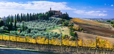 Geleneksel kırsal ve manzara güzel Tuscany.Banfi Kalesi.