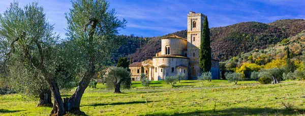 Abbey av Sant'Antimo i hjärtat av Toscana mellan olivträd — Stockfoto