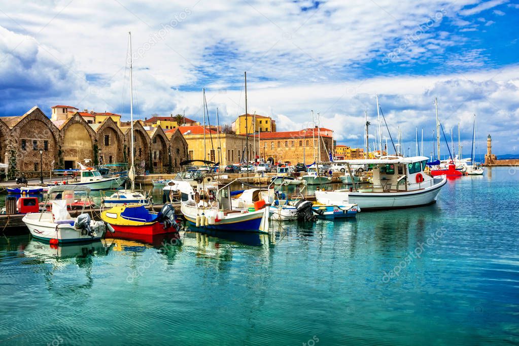 Travel in Greece - beautiful pier of old town Chania in Crete island.