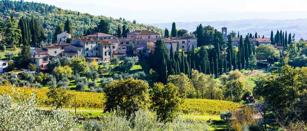 Tradycyjnych krajobrazów wiejskich i wioski Toskanii. Winnice Chianti. — Zdjęcie stockowe