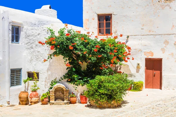 Charmiga blommig gatorna i gamla stan i Naxos island. Grekland — Stockfoto