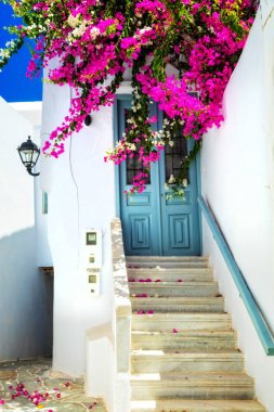 Büyüleyici çiçek sokakları güneşli Mykonos Adası. Kiklad Adaları, Yunanistan