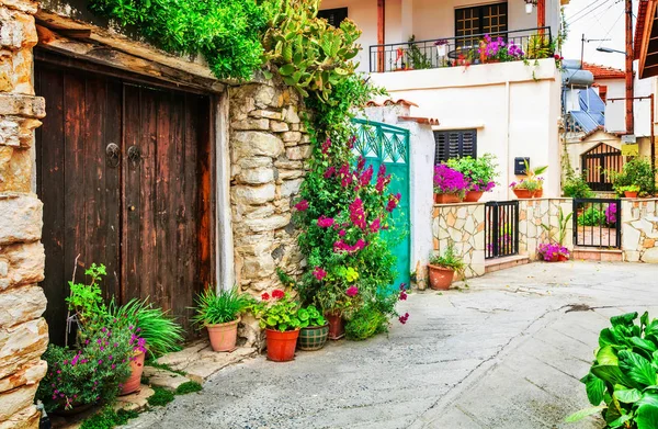 塞浦路斯岛 traditioanl 村美丽的花卉街道. — 图库照片