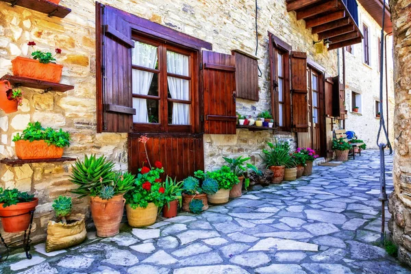 Hermosas calles florales y casas de antiguos pueblos tradicionales, Omodus, isla de Chipre . — Foto de Stock