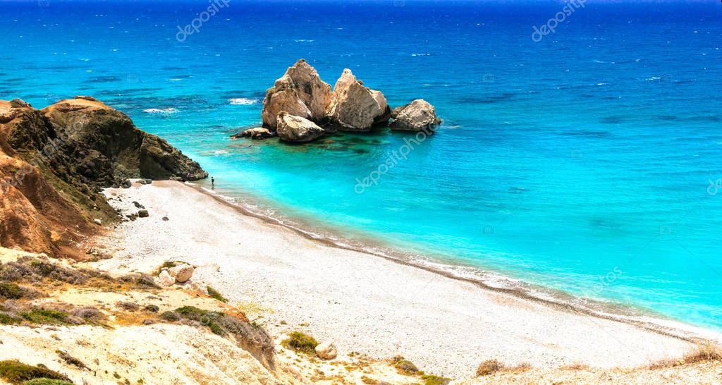 Best beaches of Cyprus - Petra tou Romiou, azure sea and unique rocks.