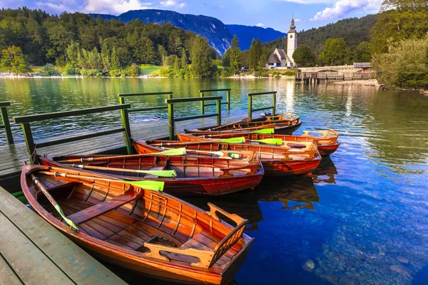 Idylické přírodní scenérie - krásné kouzelné jezero Bohinj ve Slovinsku — Stock fotografie