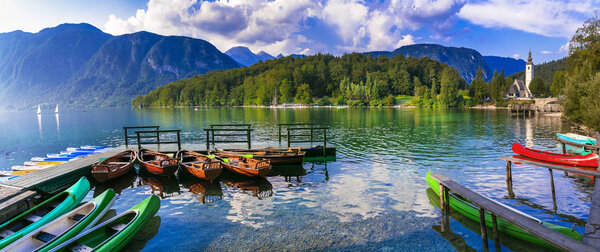 Idyllic nature scenery - beautiful magic lake Bohinj in Slovenia